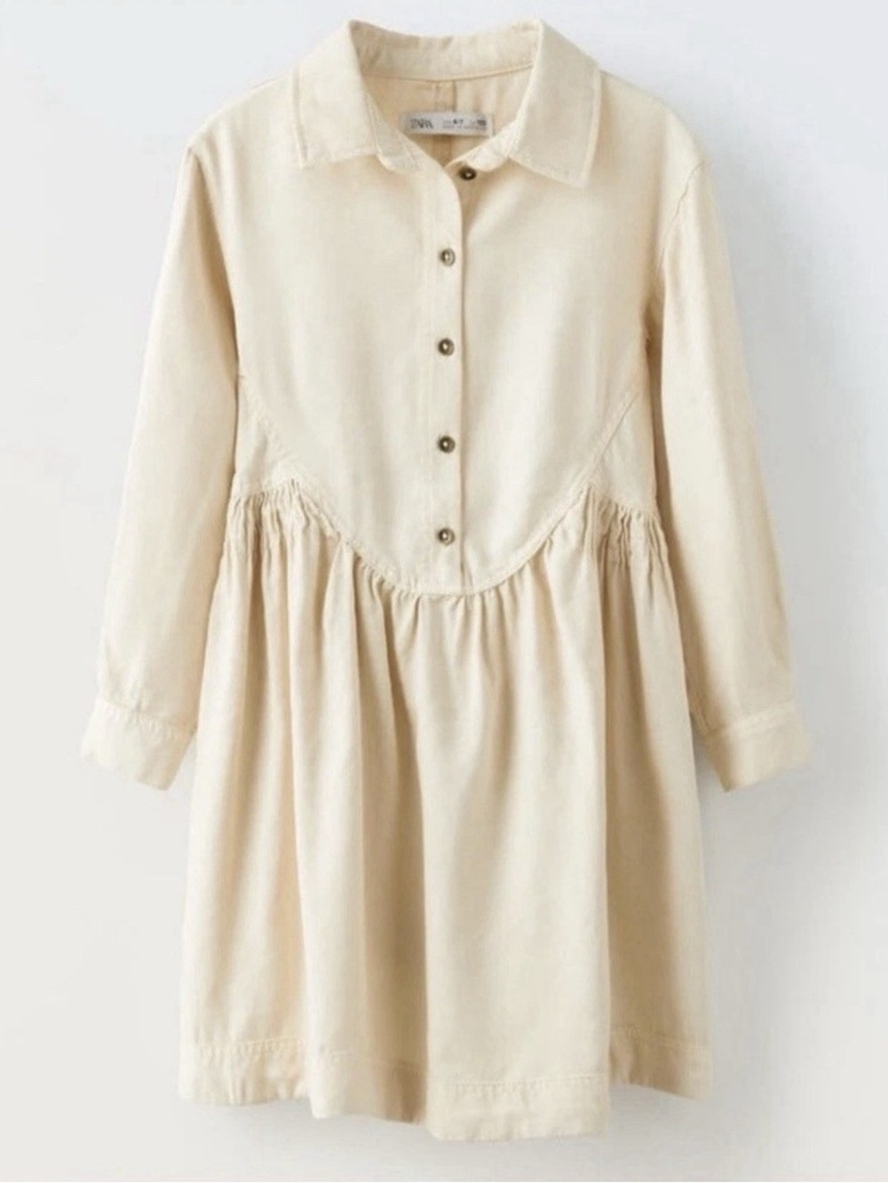 Zara Girls’ Cream Ruched Long Sleeve Shirt Dress Size 6-7
